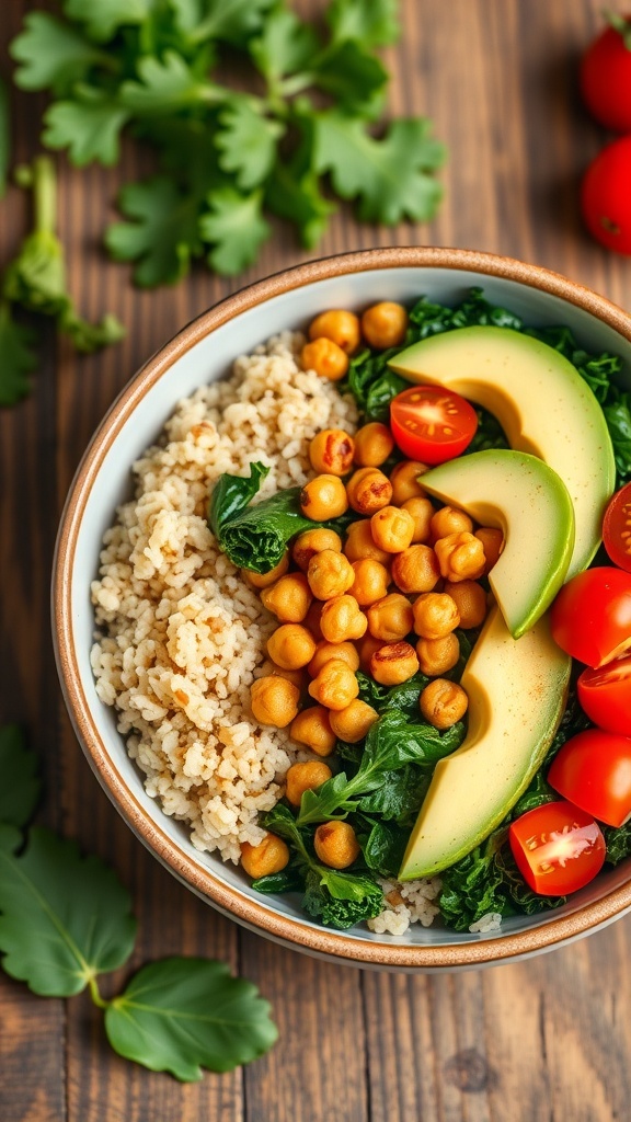 A colorful bowl of quinoa with kale, roasted chickpeas, avocado, and cherry tomatoes on a wooden table.